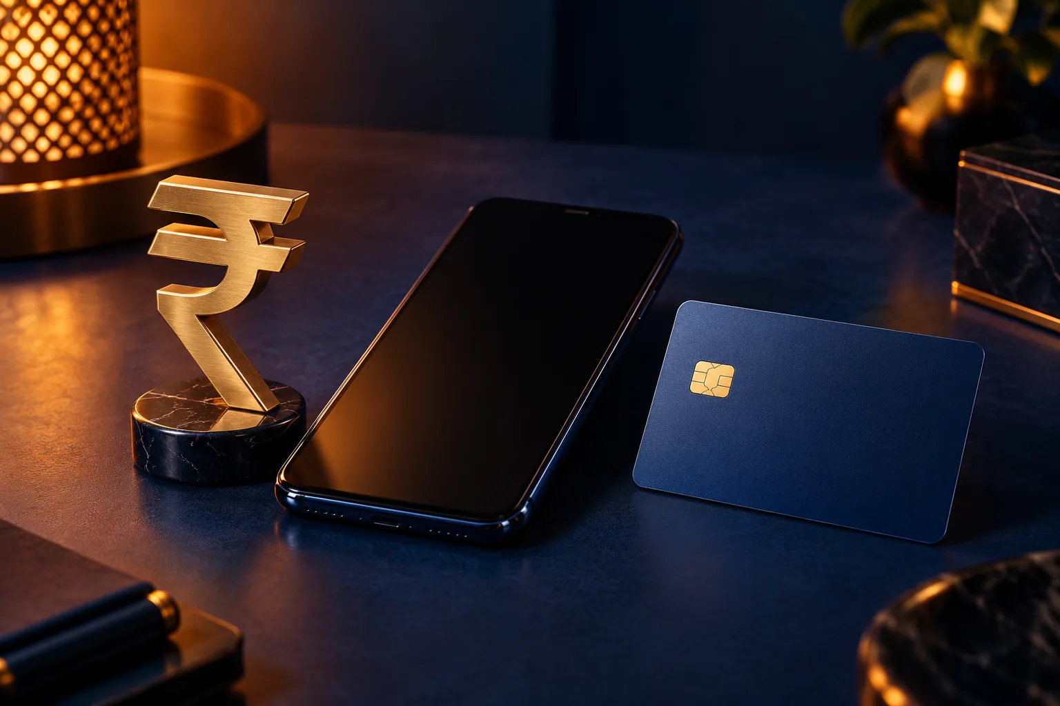 Phone, navy wallet card and brass rupee symbol for INR payments