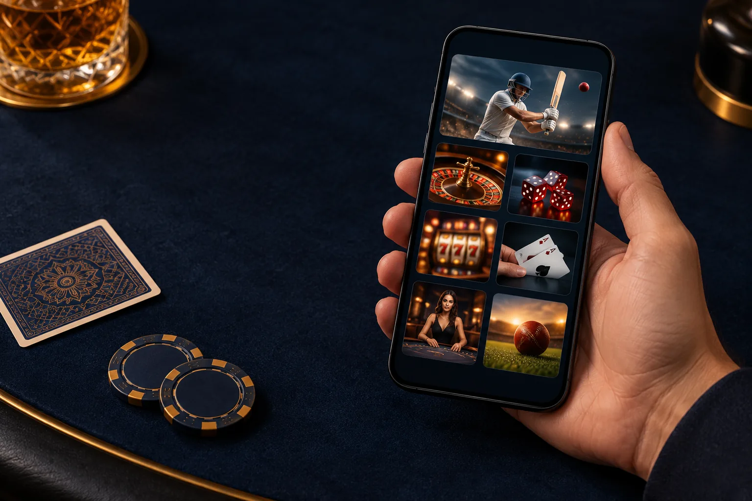 Phone showing cricket and casino category artwork